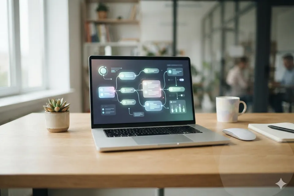 Notebook em uma mesa de escritório mostrando um fluxo de trabalho automatizado