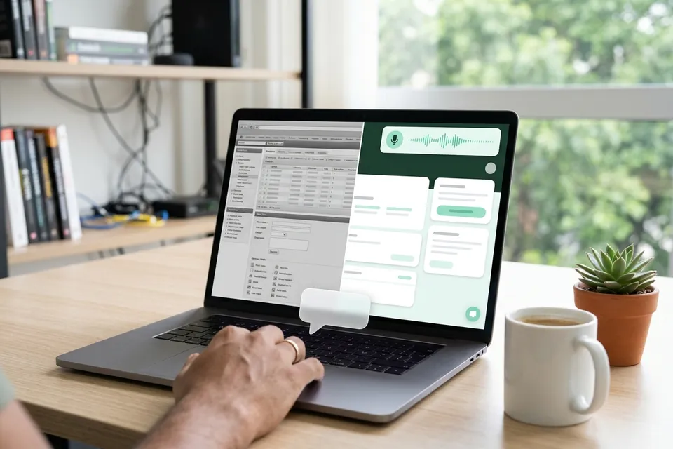 Notebook numa mesa de escritório mostrando um sistema web modernizado, com barra de comando por voz