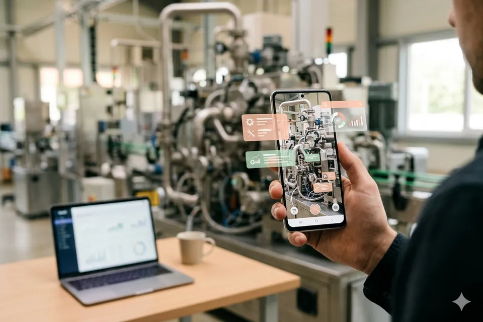 Celular mostrando informações em realidade aumentada sobre uma máquina, com um painel web ao fundo